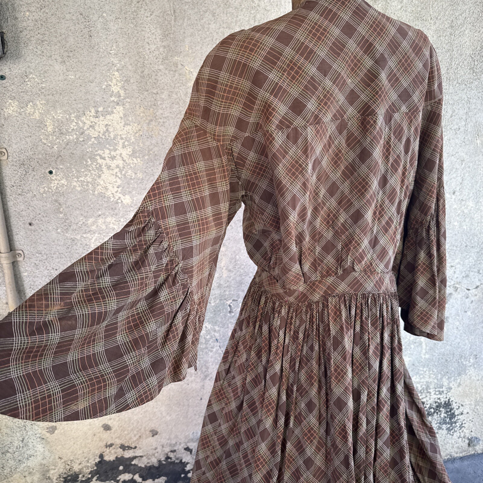 Vintage 1930s Brown Green & Orange Plaid Linen Dress Maxi Bell Sleeves Wooden