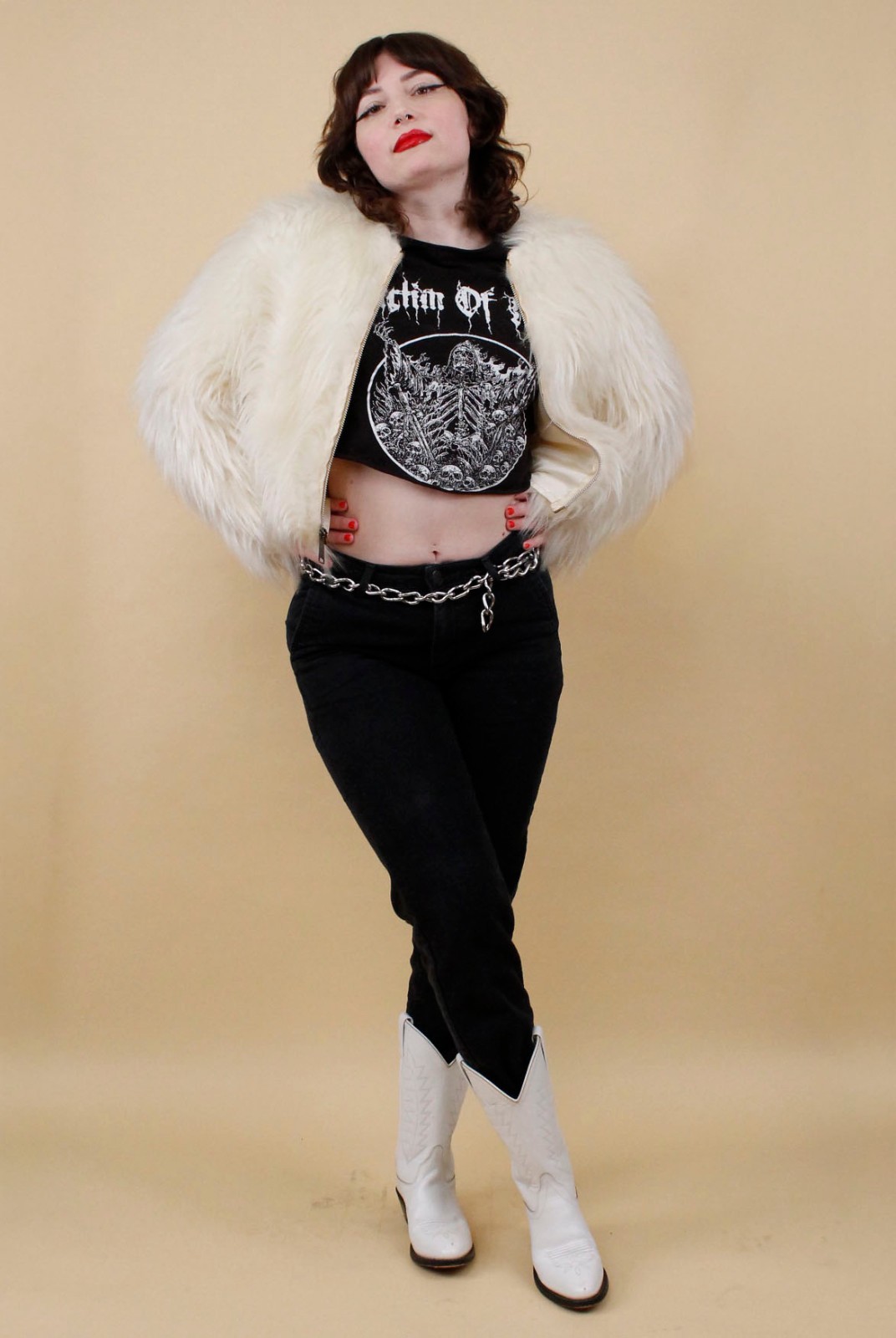 60s 70s Vtg Shaggy Faux Fur White Zip Up Crop Jacket Coat Mod Rocker Glam B34″