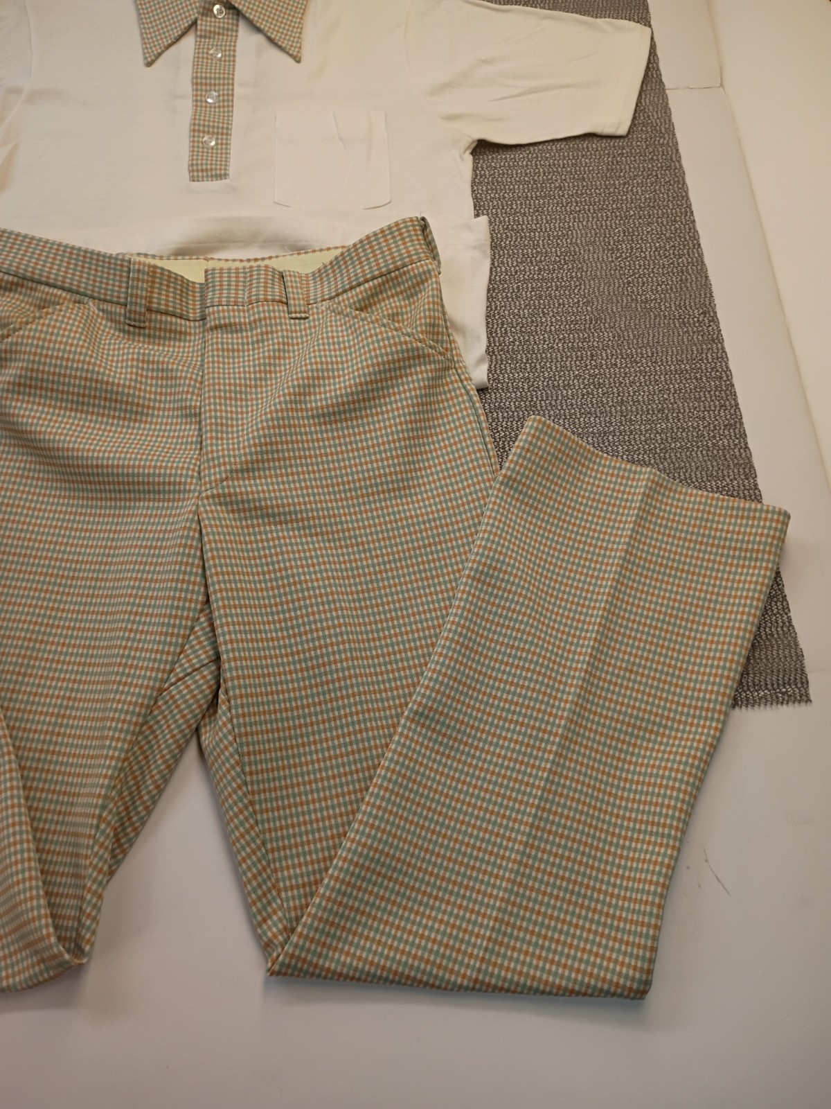 VTG 70s John Blair Menswear 2-piece Matching Set Plaid Flare Bell Bottoms W Polo