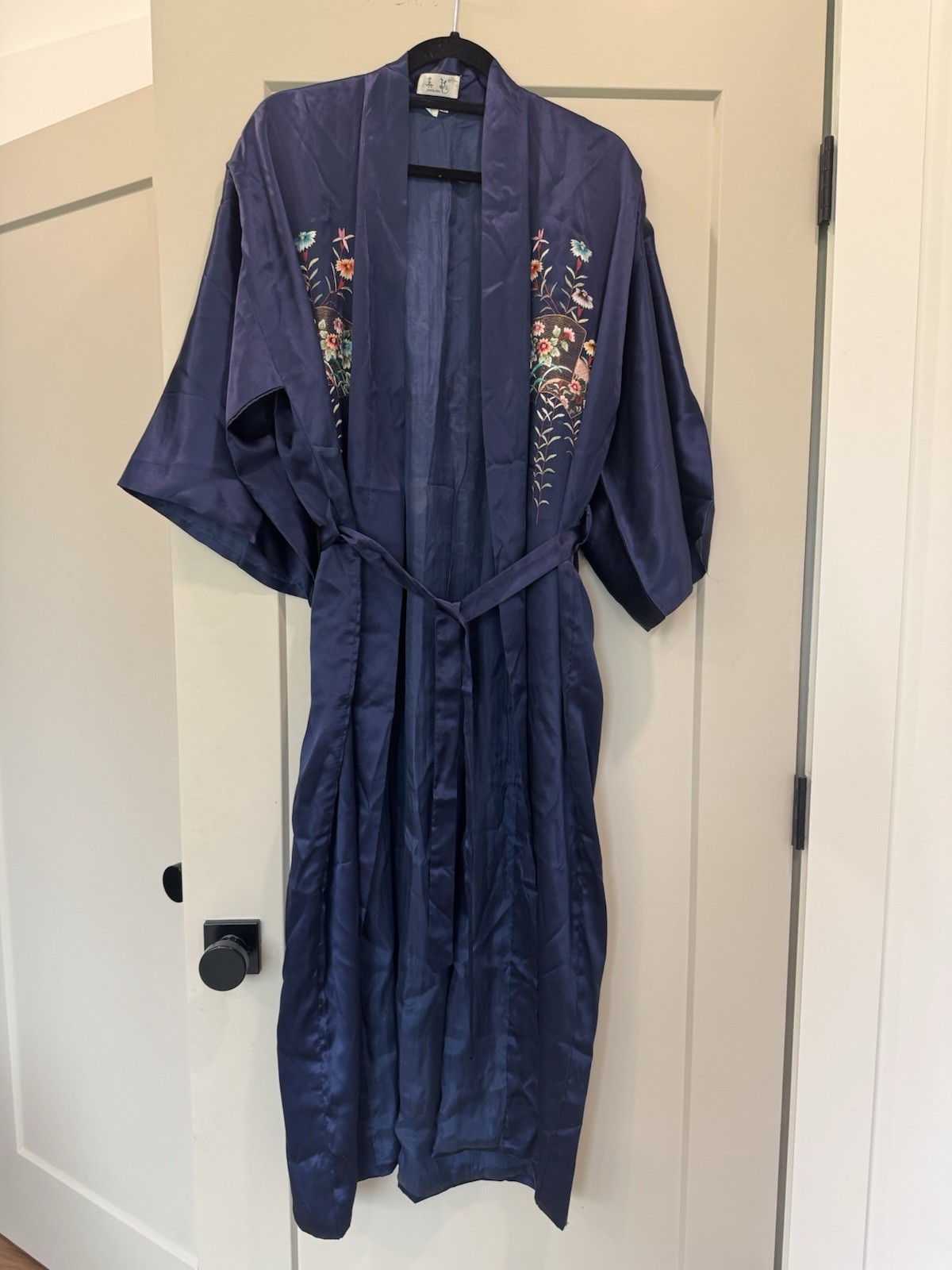 Vintage Zhenlong 100% Silk Embroidered Kimono Robe Long Navy Blue Large Women’s