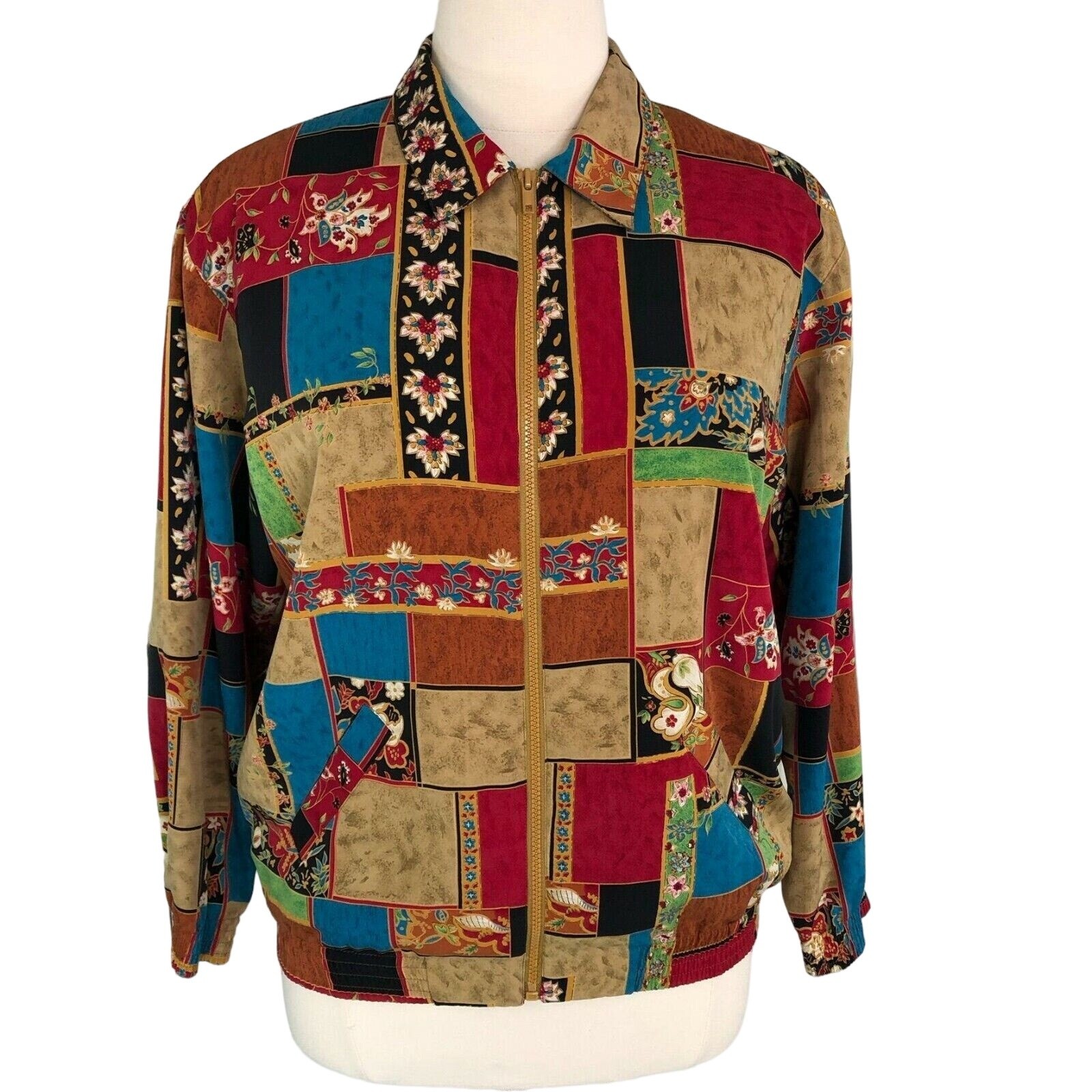 Soft Windbreaker Jacket Lined Zipper Front Size 14 Vintage Block Motif G.W.