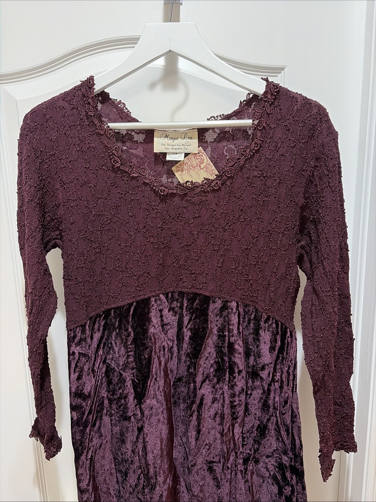 VTG NWT Margot Lea Dress Size Medium Lace Accents Burgundy Maxi Long Sleeve USA