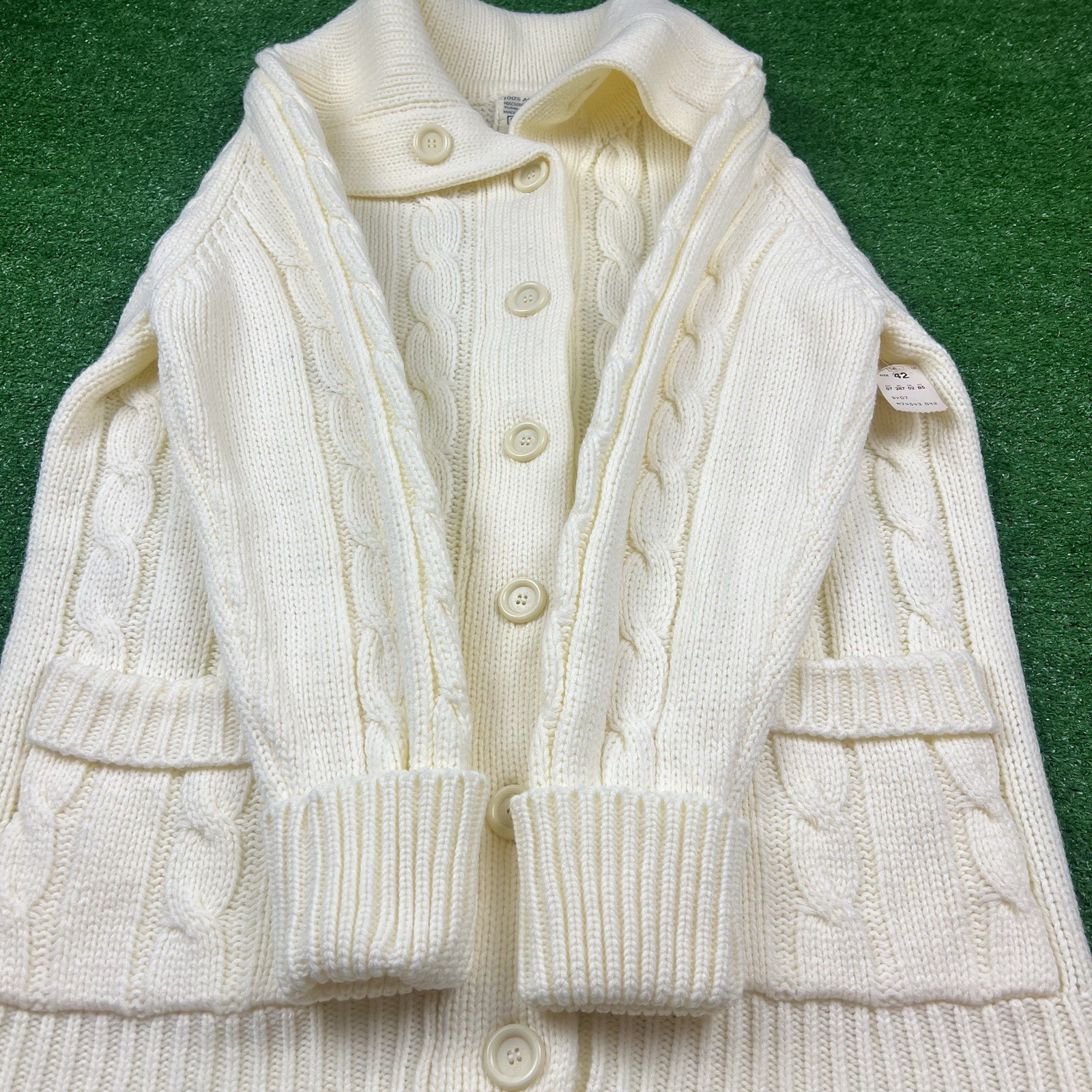 Vintage Sears Ivory Cable-Knit Chunky Fisherman Cardigan Sweater High Neck Sz 42