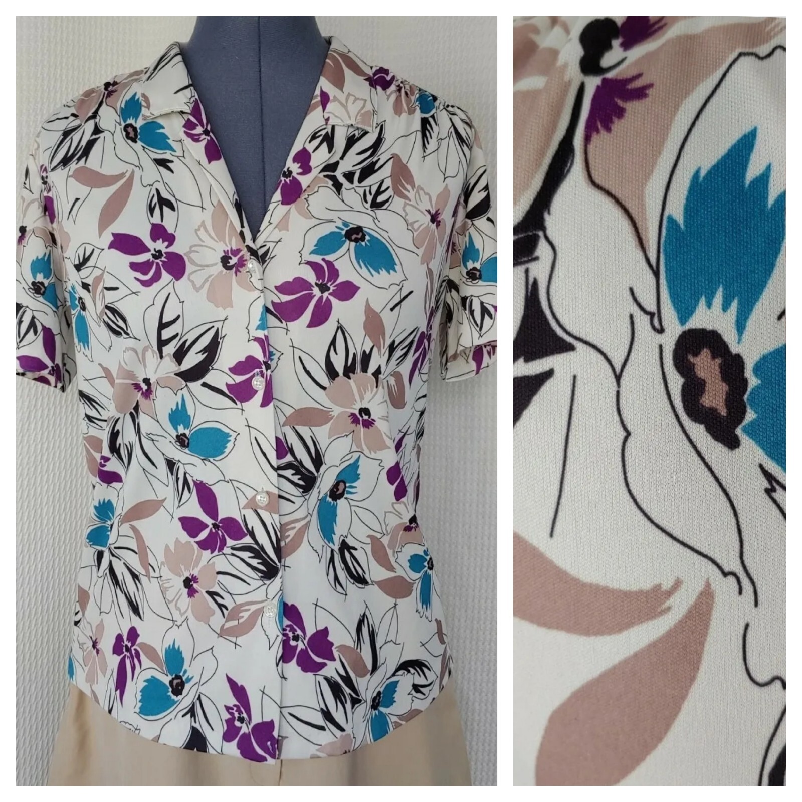 Vintage Cricket Lane Cream Button Down Top with Tan/Purple/Teal Florals Sz 12