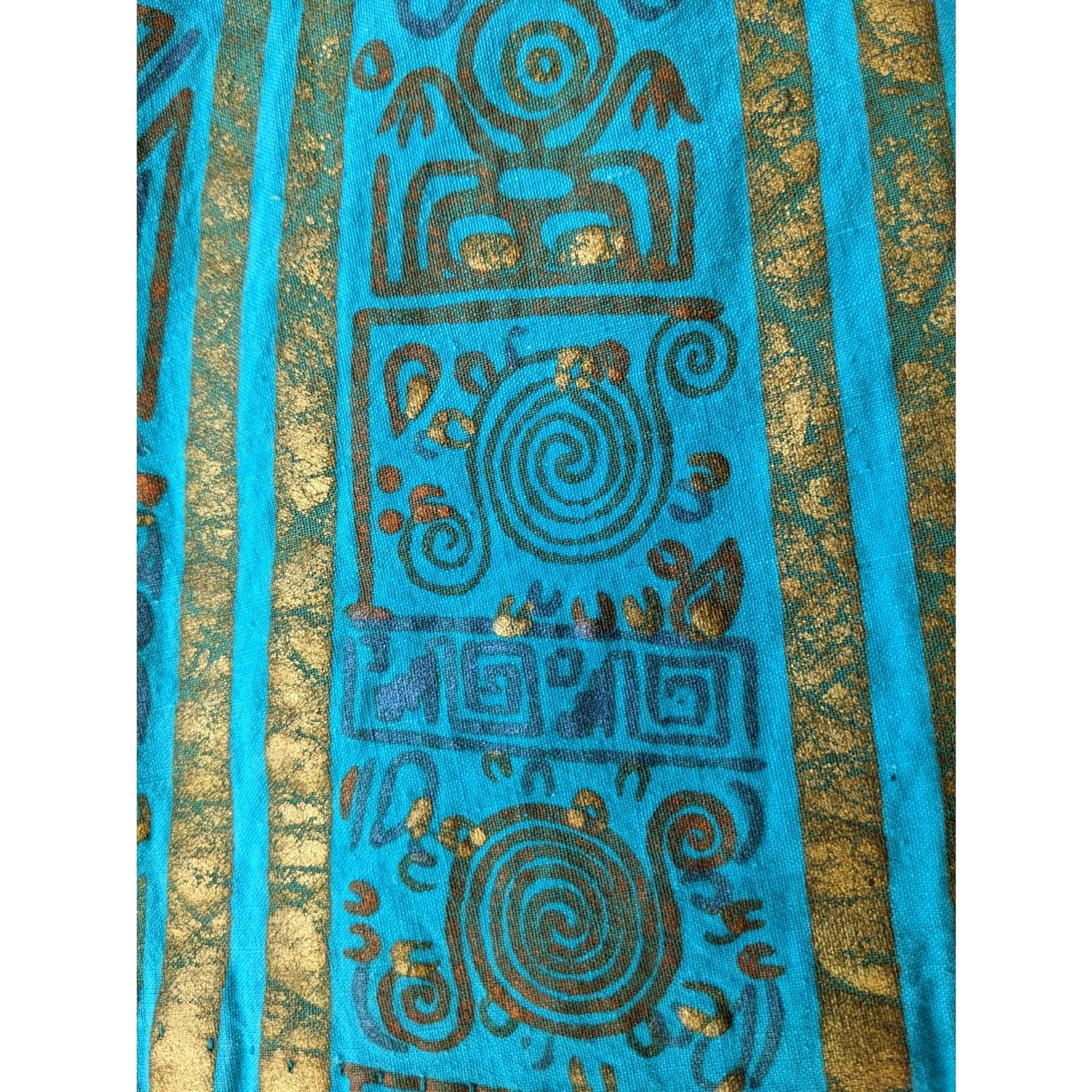 1950s MAYA de MEXICO Mayan Hieroglyph Hand Painted Aqua/Gold Circle Skirt sz. XS