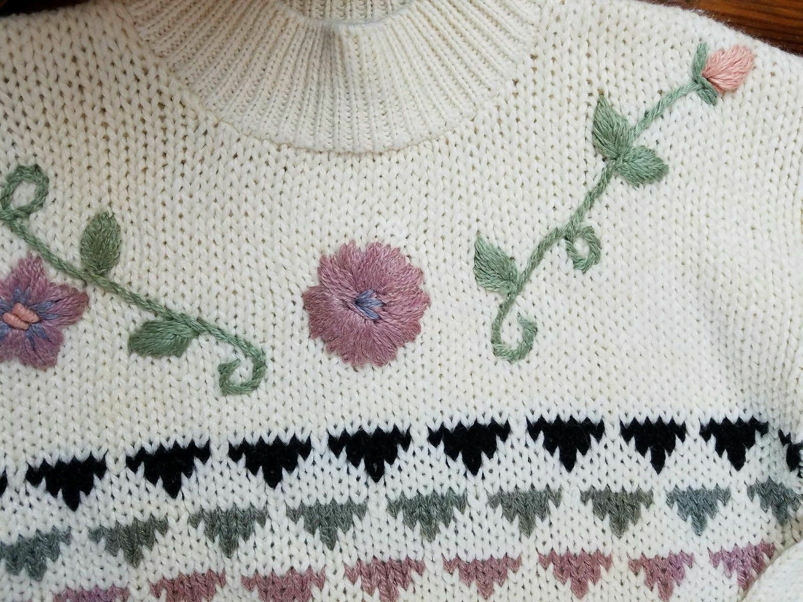 Vintage Spice of Life Womens Sweater Embroidered Flowers Size M Ivory Multi
