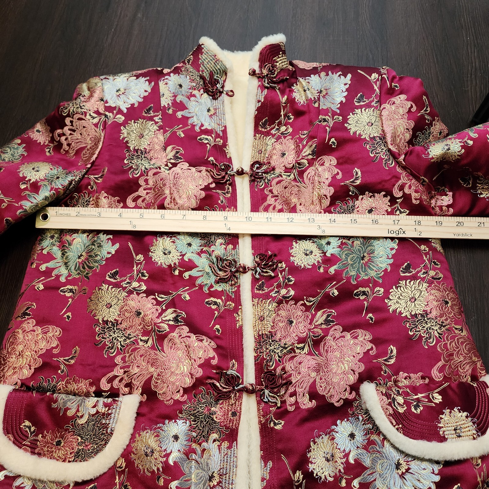 Vintage 70s Asian Mandarin Sherpa Lined Jacket Coat Silk Burgundy Chrysanthemum