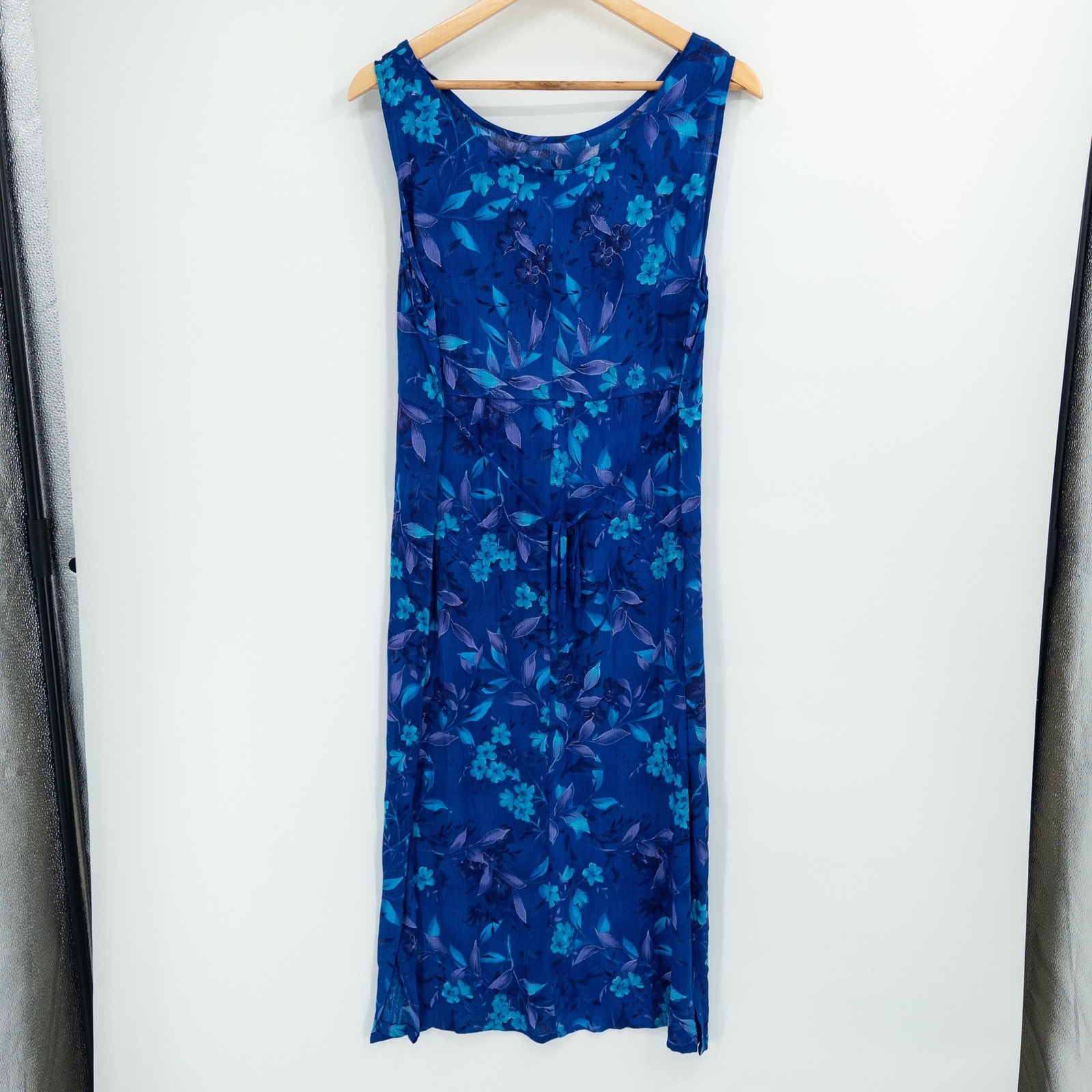 Vintage Floral Long Dress 10 Blue 90s Rayon Midi Grunge Boho Miss Honey Granny