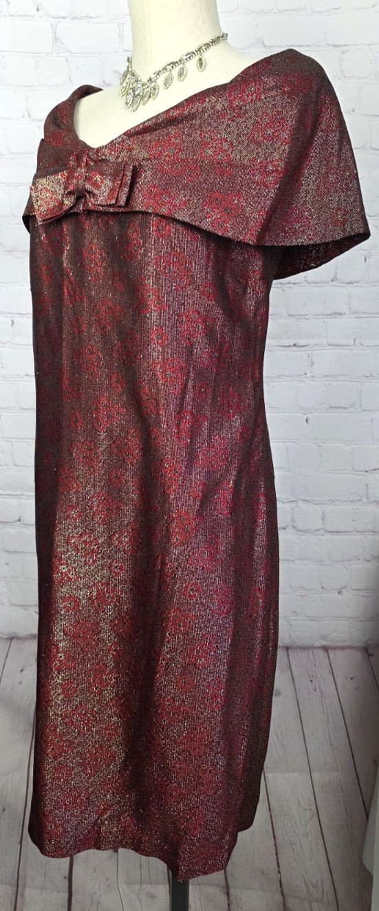 Vintage 60’s Sheath Cocktail Dress Red Gold Metallic Bow Elegant Luxury Glam S/M