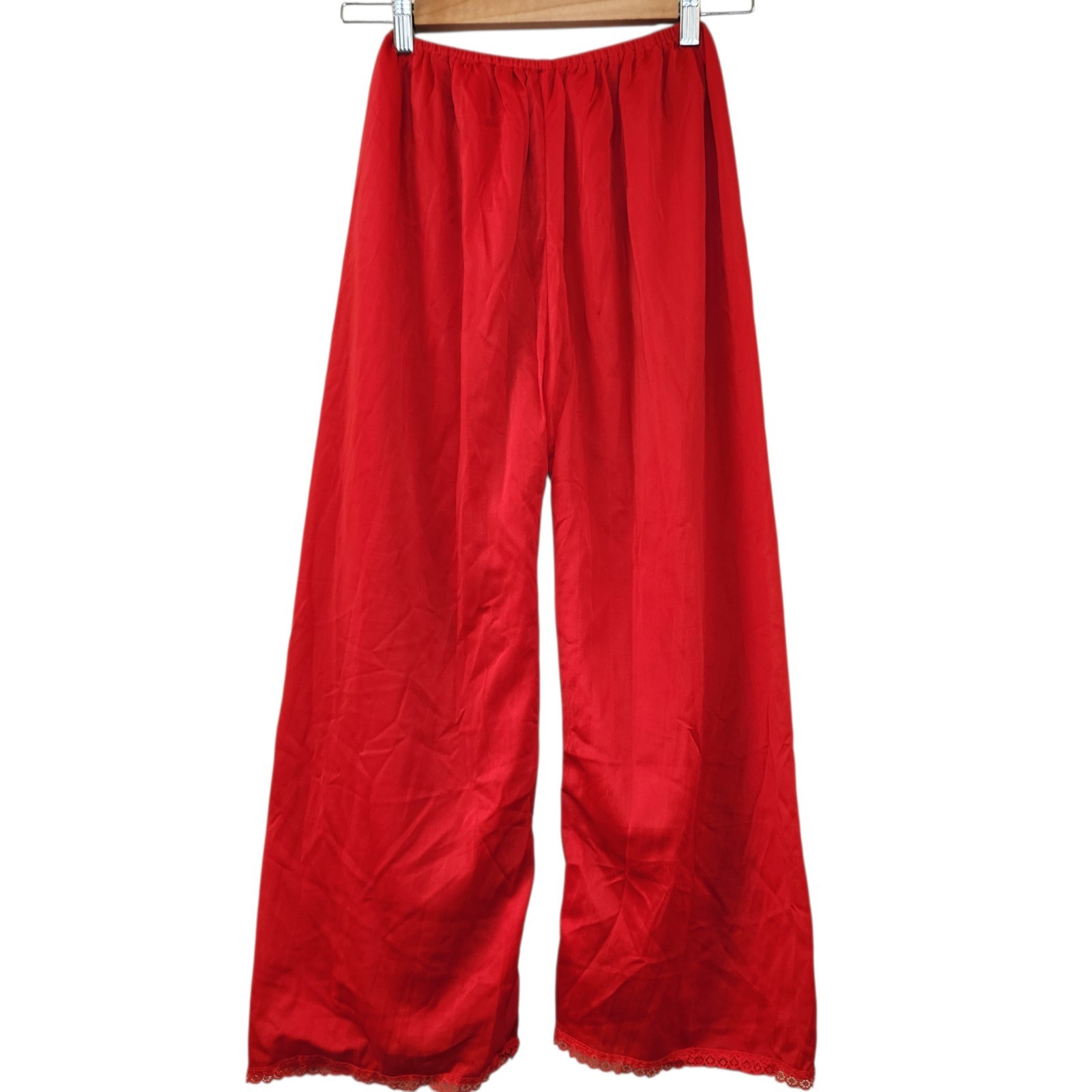 Vintage 70s Sheer Red Chiffon Lace Pajama Set Boudoir Lounge Romantic Wide Leg