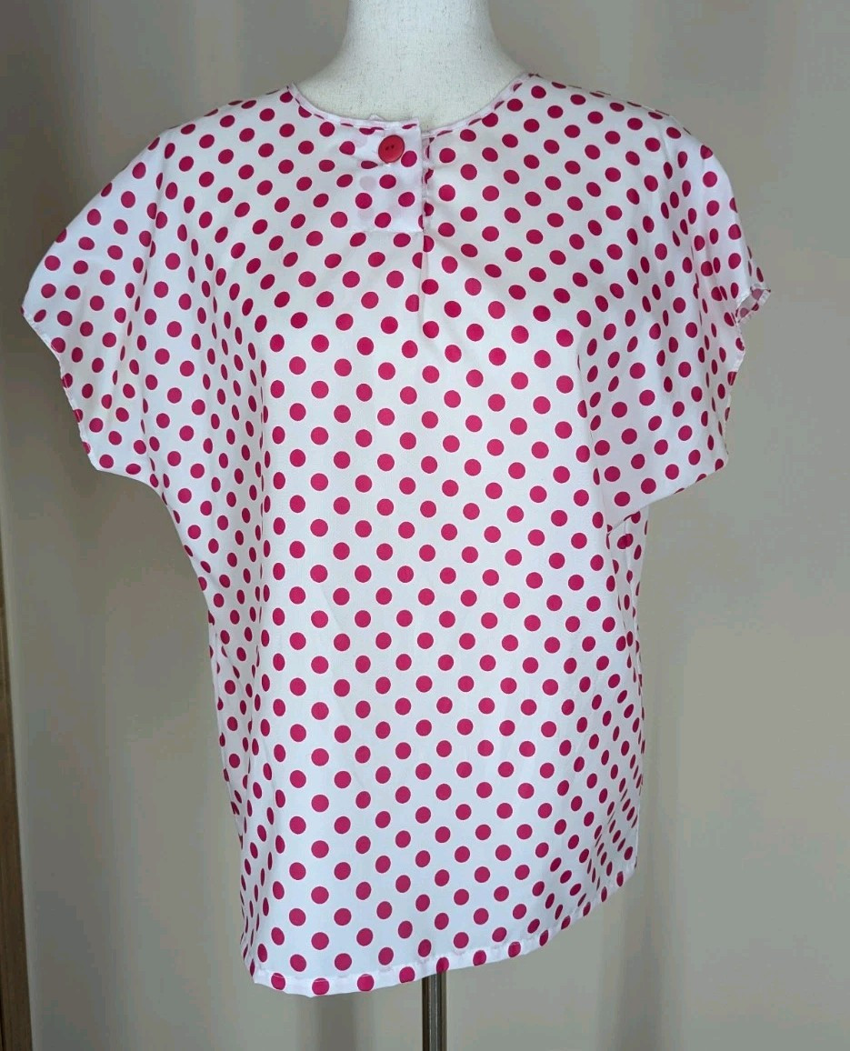 Vintage 80s Pink White Polka Dot Lucky Winner Blouse Short Sleeve Size Medium