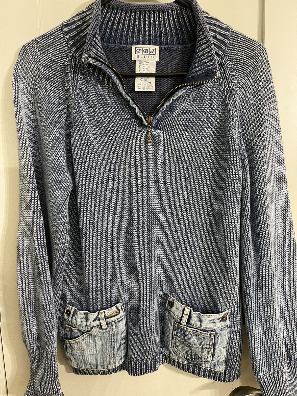 Vintage 90s PBJ Blues Distressed Denim Pocket Elbow Patch Henley Zip Sweater Med