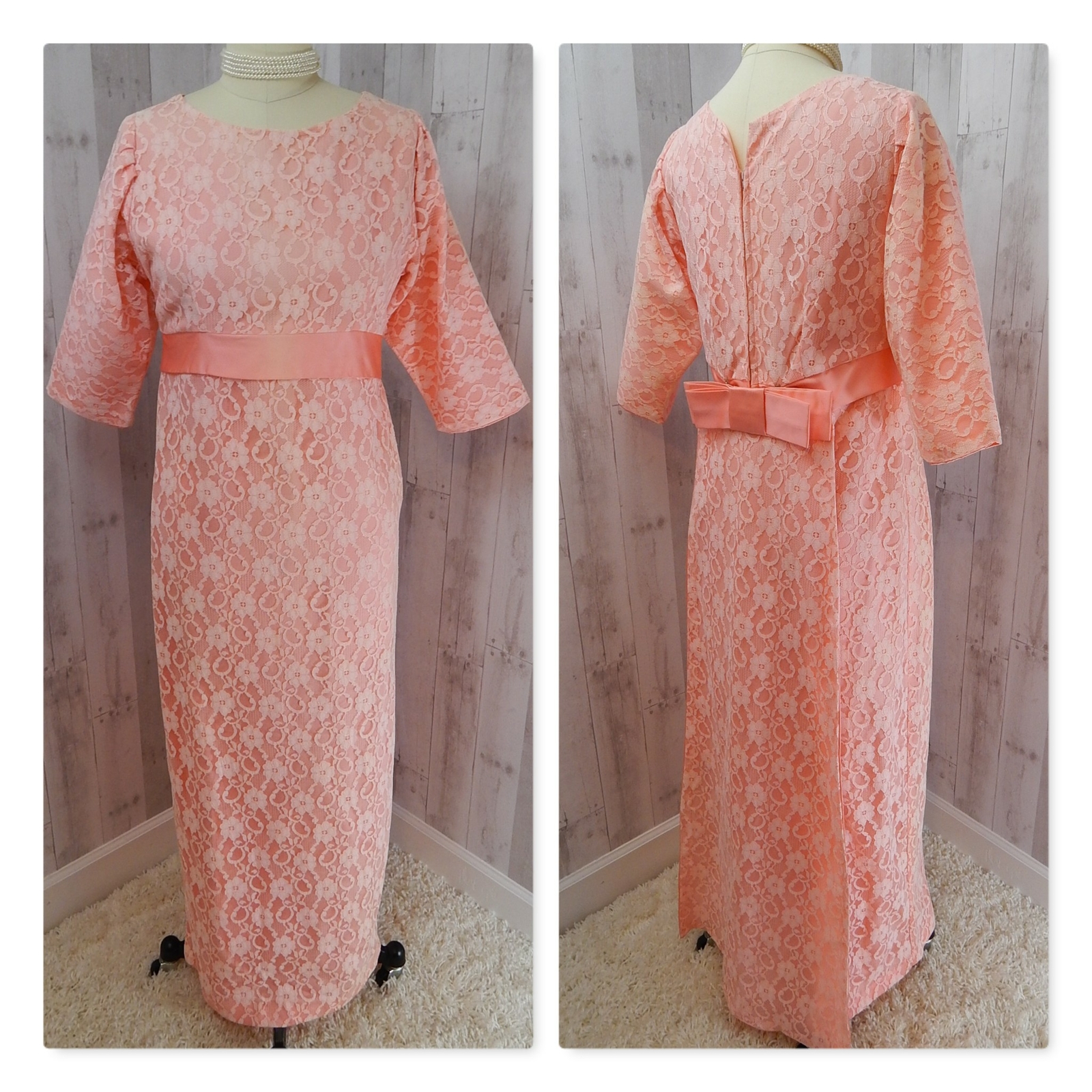 Vintage DRESS 1970s Pink Lace Overlay Gown Bridesmaid Maxi Prom Train Med
