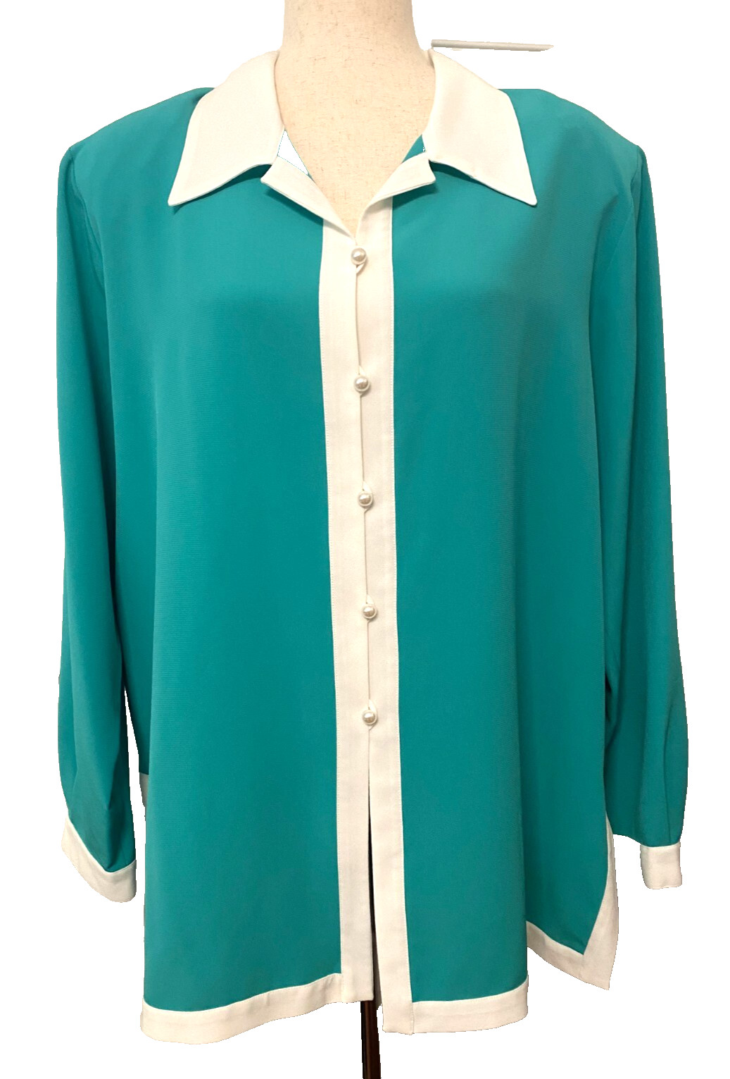 New Vintage Da-Rue California Women’s 18 Blouse Button Dagger Collar Teal Green