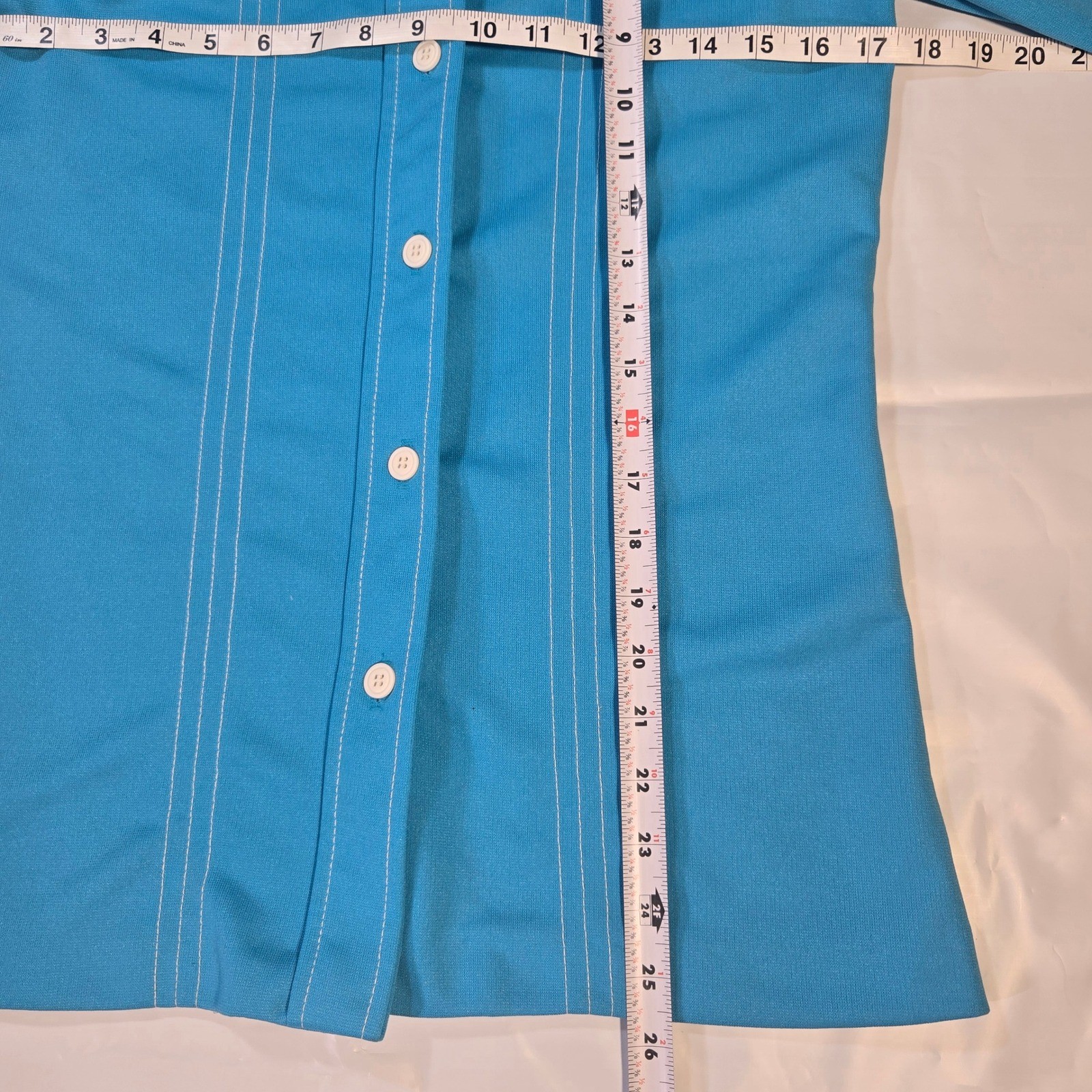 Vintage 70s Sears Turquoise Blue Knit Shirt Jacket White Contrast Stitch Disco M