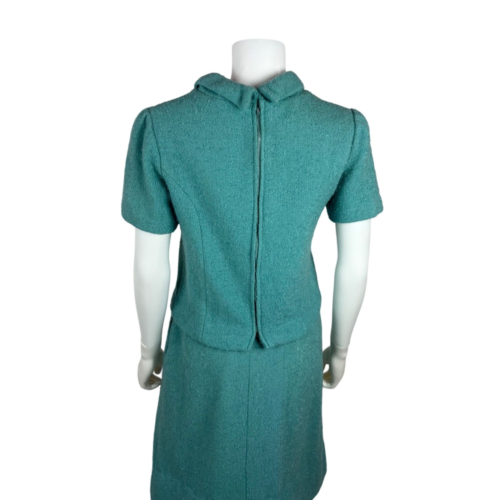 Vintage 60s Blue Suit Set Womens XS Bouclé Top & Skirt Bow Collar Mid-Century
