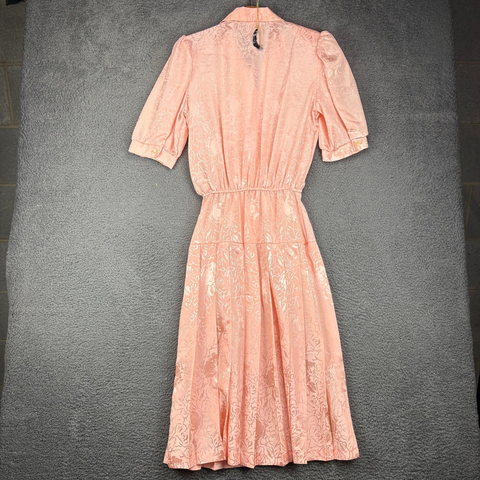 Vintage Alexis Fashions Pink Floral Jacquard Pleated Midi Dress Womens 9/10 USA