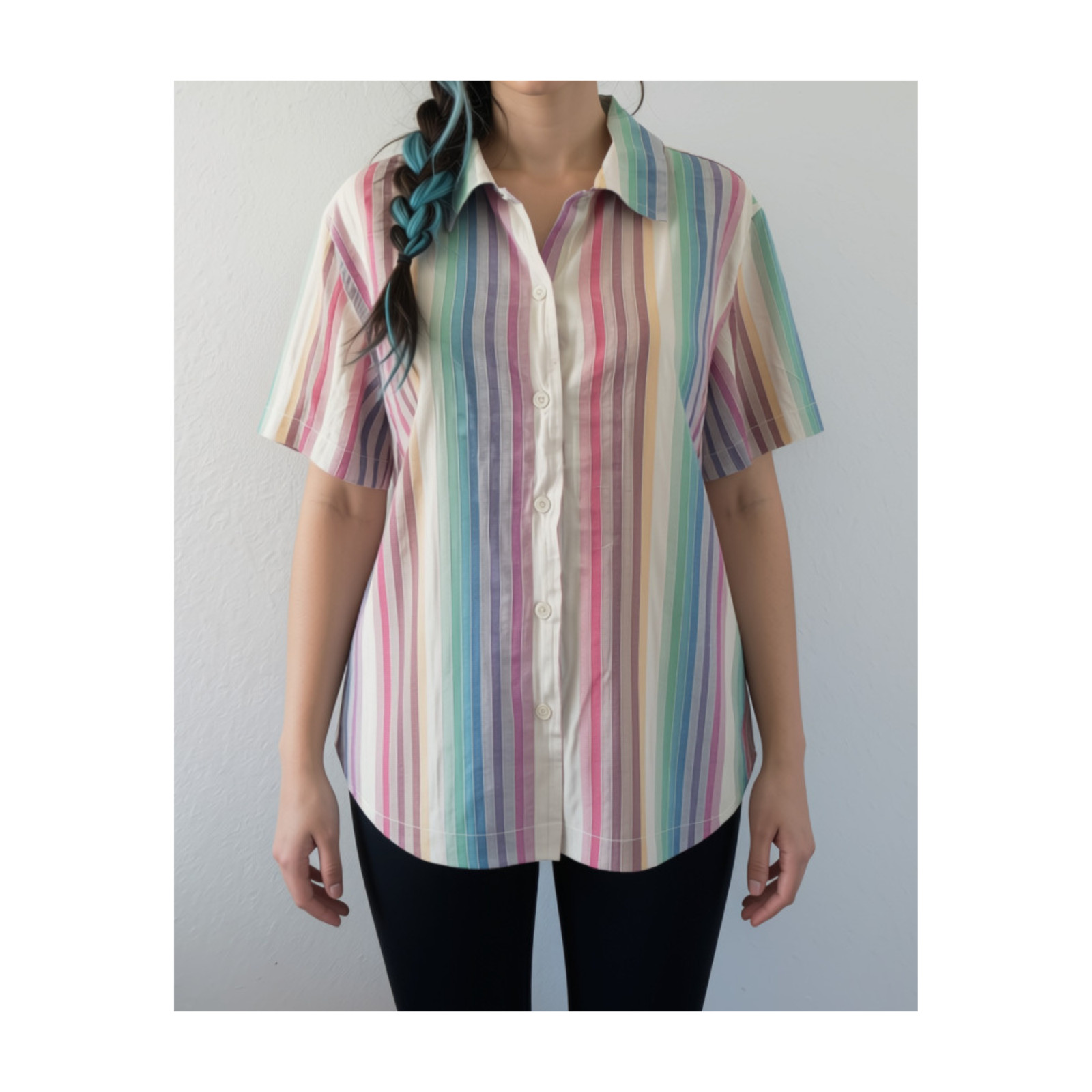 Vintage Rainbow Striped Blouse – Cotton Short Sleeve 90s Y2K Top – Large