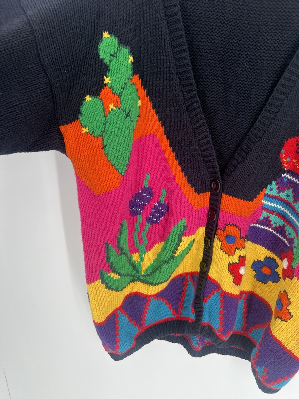 Vtg Andina Retro Abstract Embroidered Floral Cactus Chunky Knit Sweater Cardigan