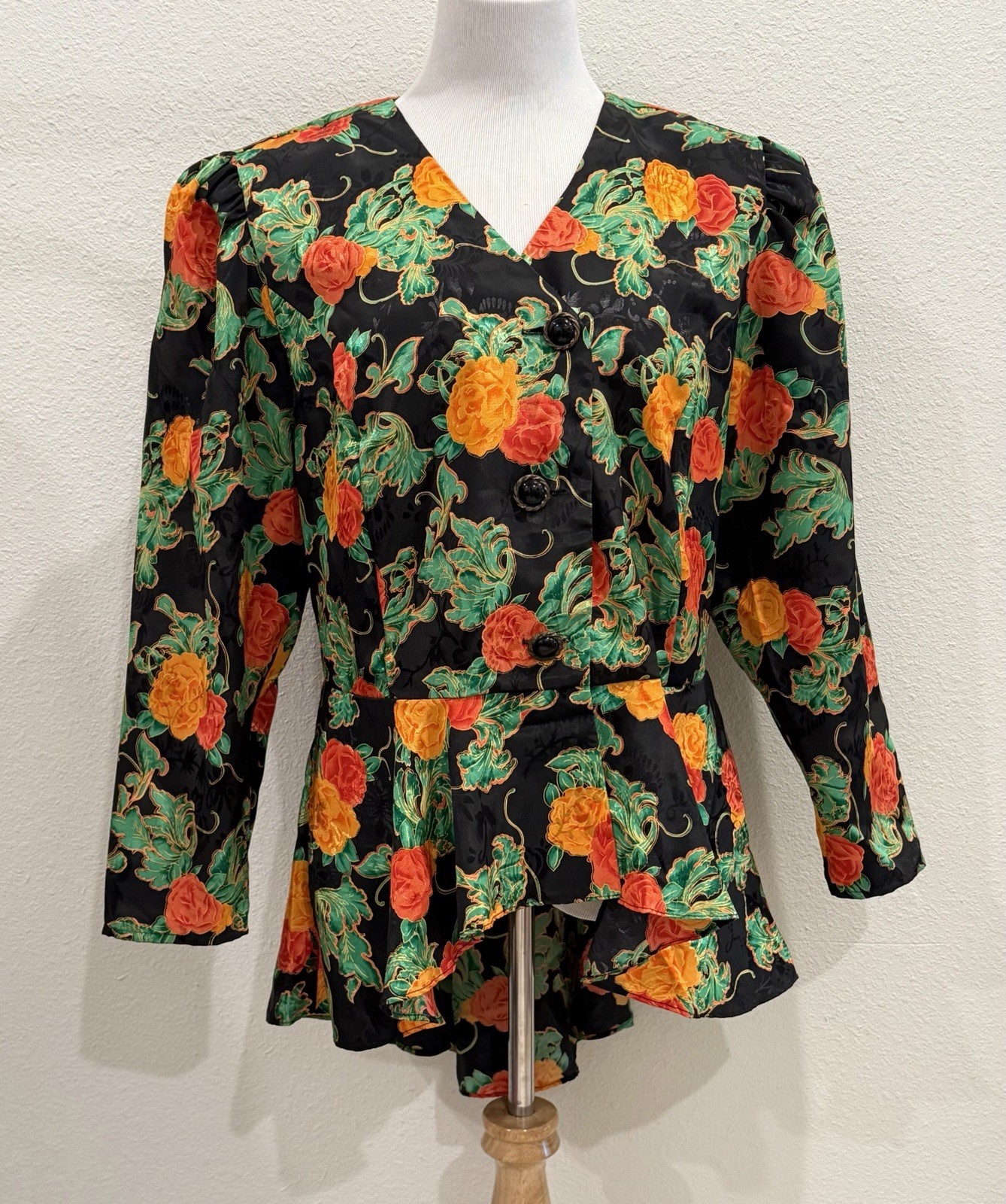 Vintage D.L. Originals Floral Peplum Blouse Black Rose Button Blazer Bow Large