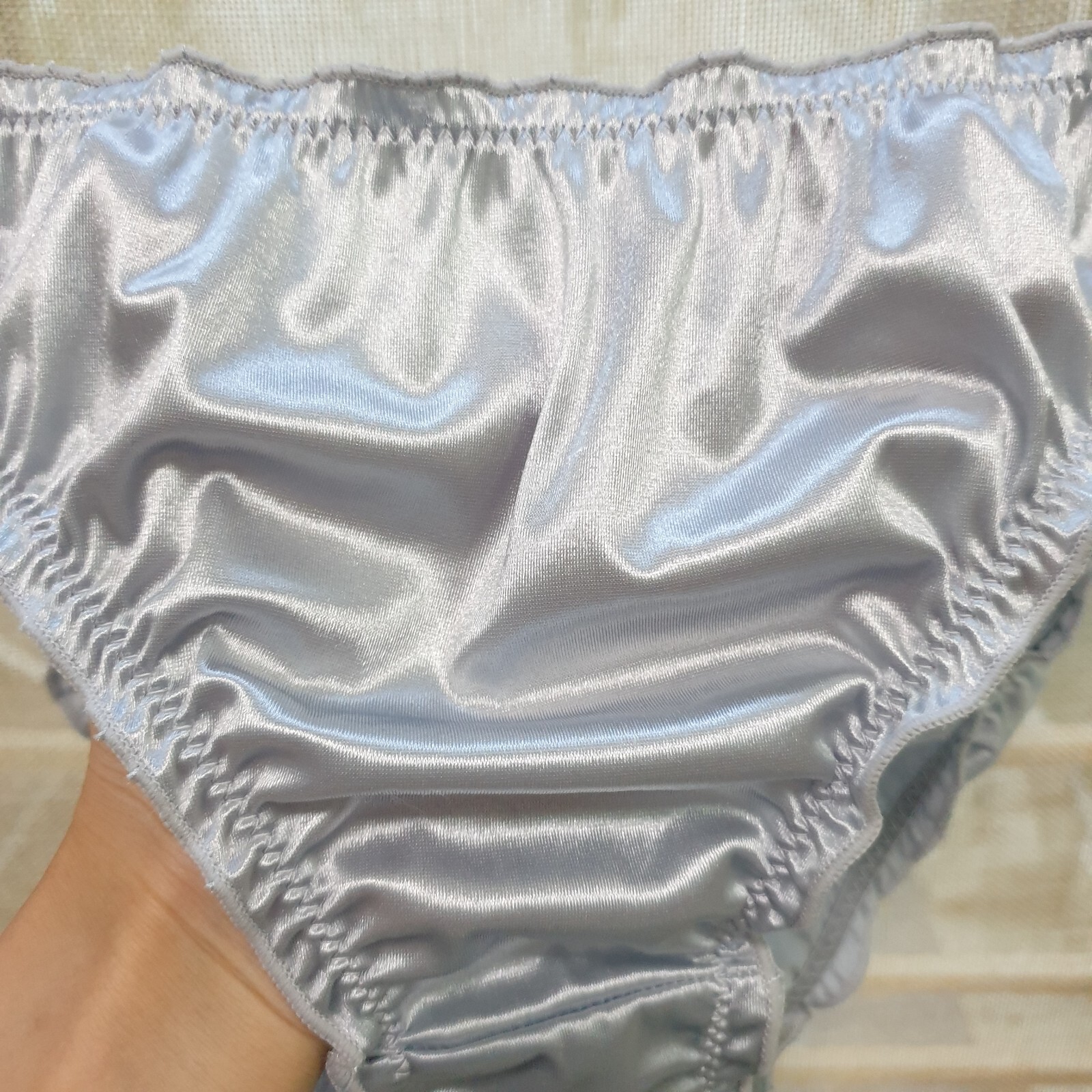 Vintage Nylon Satin Panty Glossy Silver Bikini Silky Brief Size 7/L Hip 38-41″