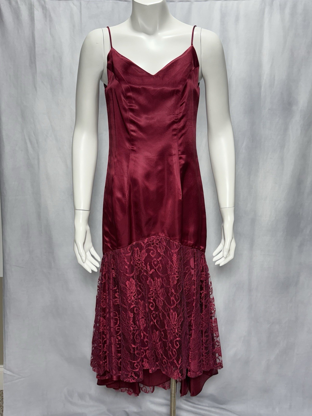 Vtg Glenrob Burgundy Formal Gown Prom Dress 1980s Size 7/8 Taffeta Lace Satin