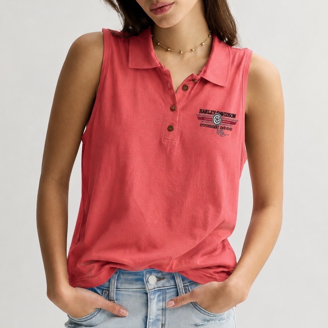 Vintage Pink Harley Davidson Sturgis 2000 Sleeveless Polo Shirt Top