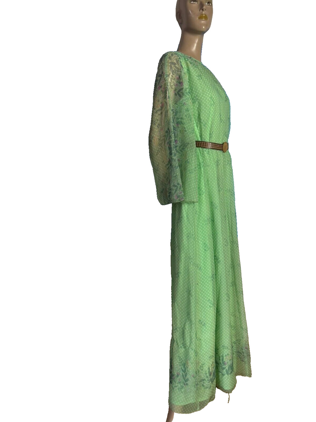 Maxi dress trumpet sleeve hippie dress mint dots ABBA 70s vintage 40 42