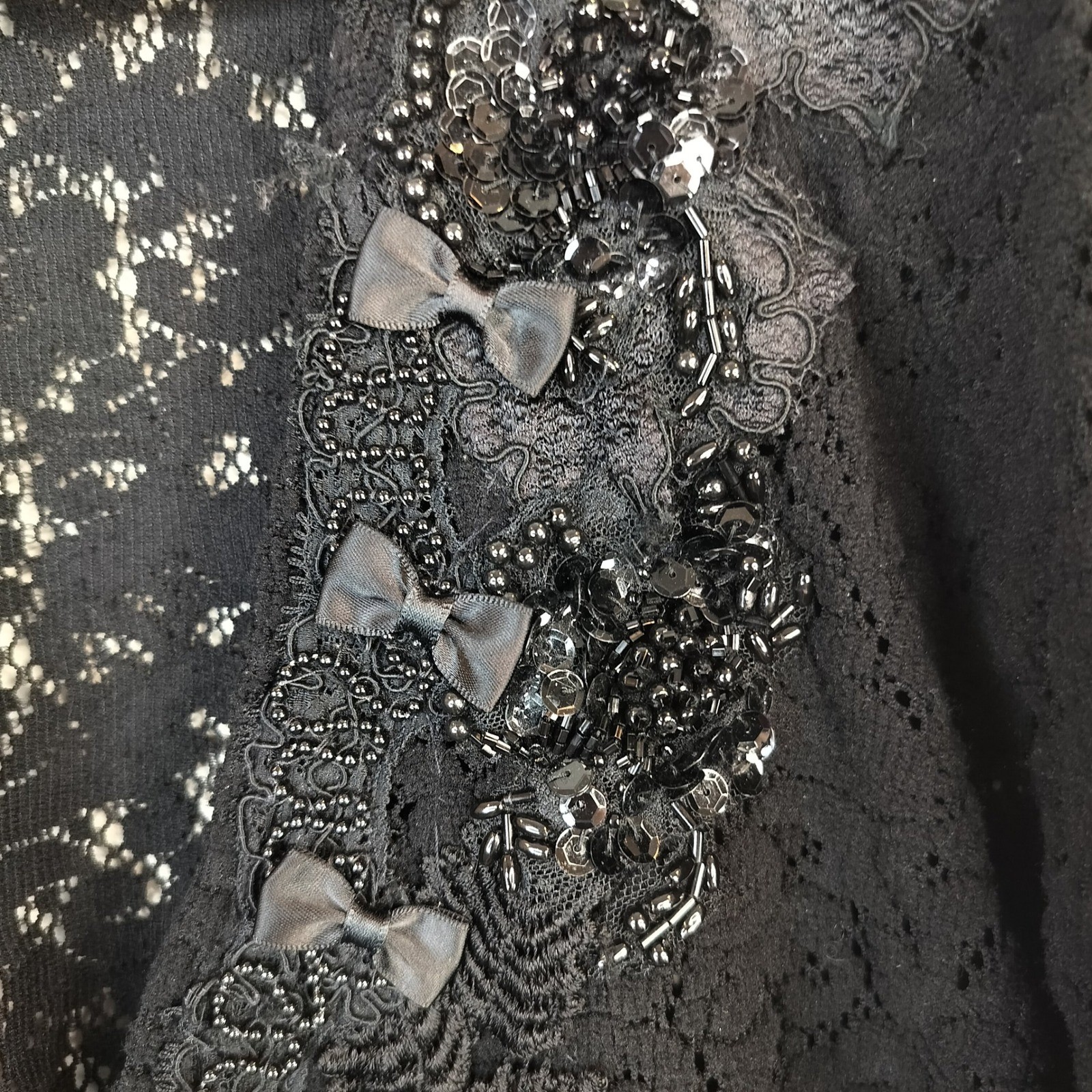 Cache Lace Tunic Top Womens One Size Beaded Sequin Bows Vintage Coquette Black