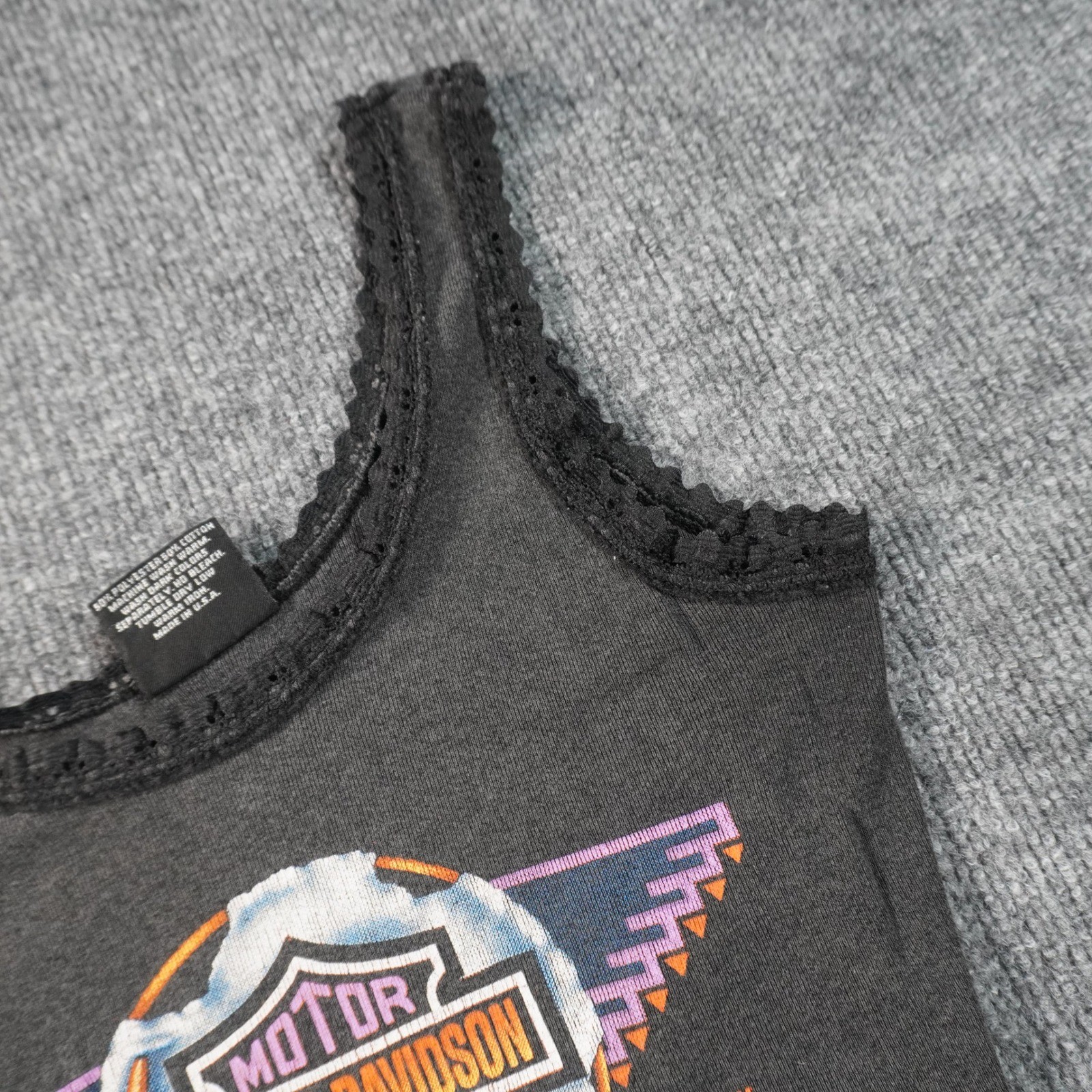 Harley-Davidson Tank Top Womens S Black 1990 3D Emblem Dreamcatcher Lace Trim