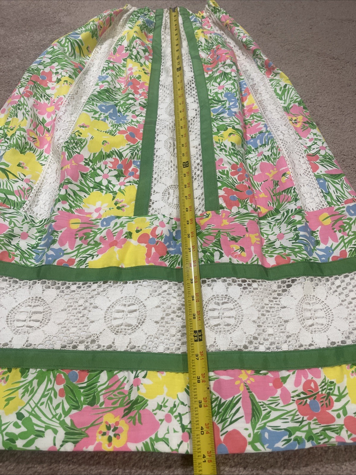 Vintage Floral Patchwork Strapless Dress Skirt Lace Cottagecore 70s Prairie Pink