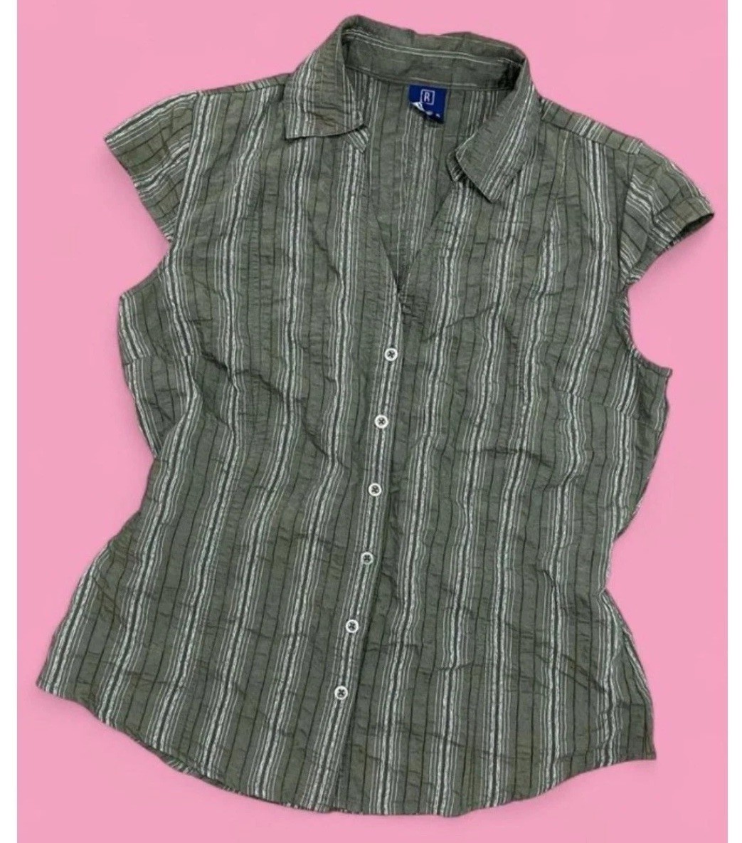 Y2K KHAKI GRUNGE BUTTON UP Cap sleeve v neck collar Grunge Punk Striped Vintage