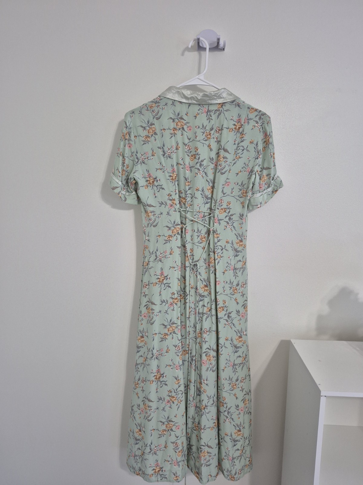 Vintage 80s Ed Michaels Rayon Tea Dress Mint Green Floral Cottagecore Midi M/L