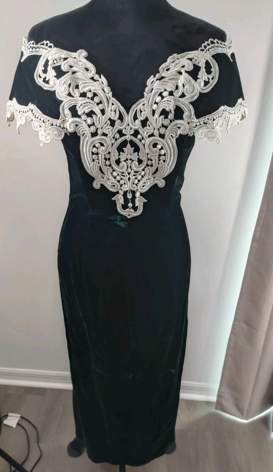 Vtg 80s Jessica McClintock Green Velvet Off Shoulder Mermaid Tail Dress 7/8