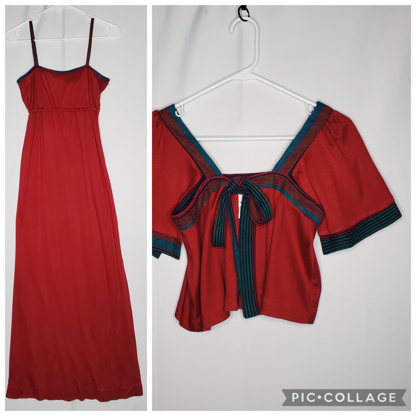 Jody T Of California 70s Vtg Maxi Dress Shrug Set XS Jr. Strappy Red Green
