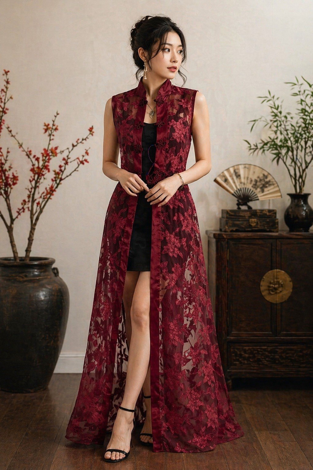 VTG Wayne Diamond Burgundy Cheongsam InspiredSheer DusterFrog Closure USA 8 READ
