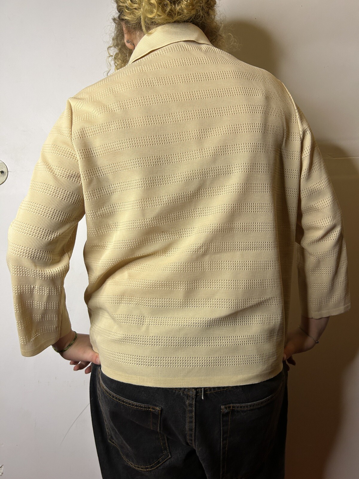 Vintage 1980s Knit Polyester Collared Blouse Cream White Double Breasted AU 14