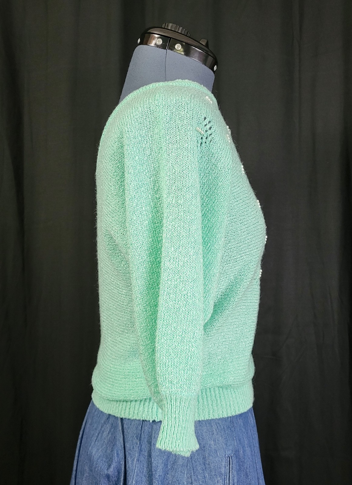 Vintage Jean Nicole Lightweight Mint Green Sweater w Pearl Accents Size S