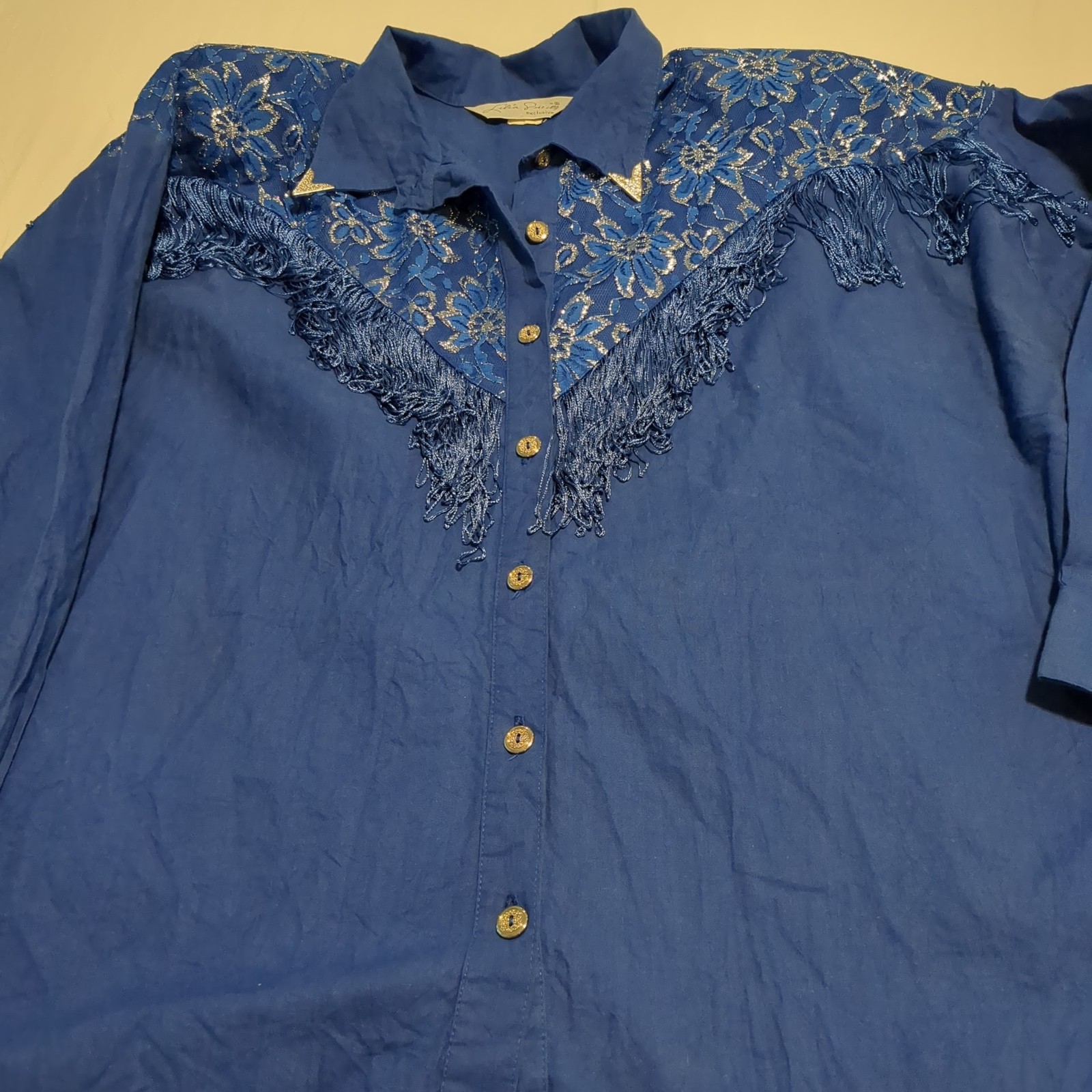 Lilia Smits XXXL Blue Western Fringe Button Up Shirt Embroidered Floral