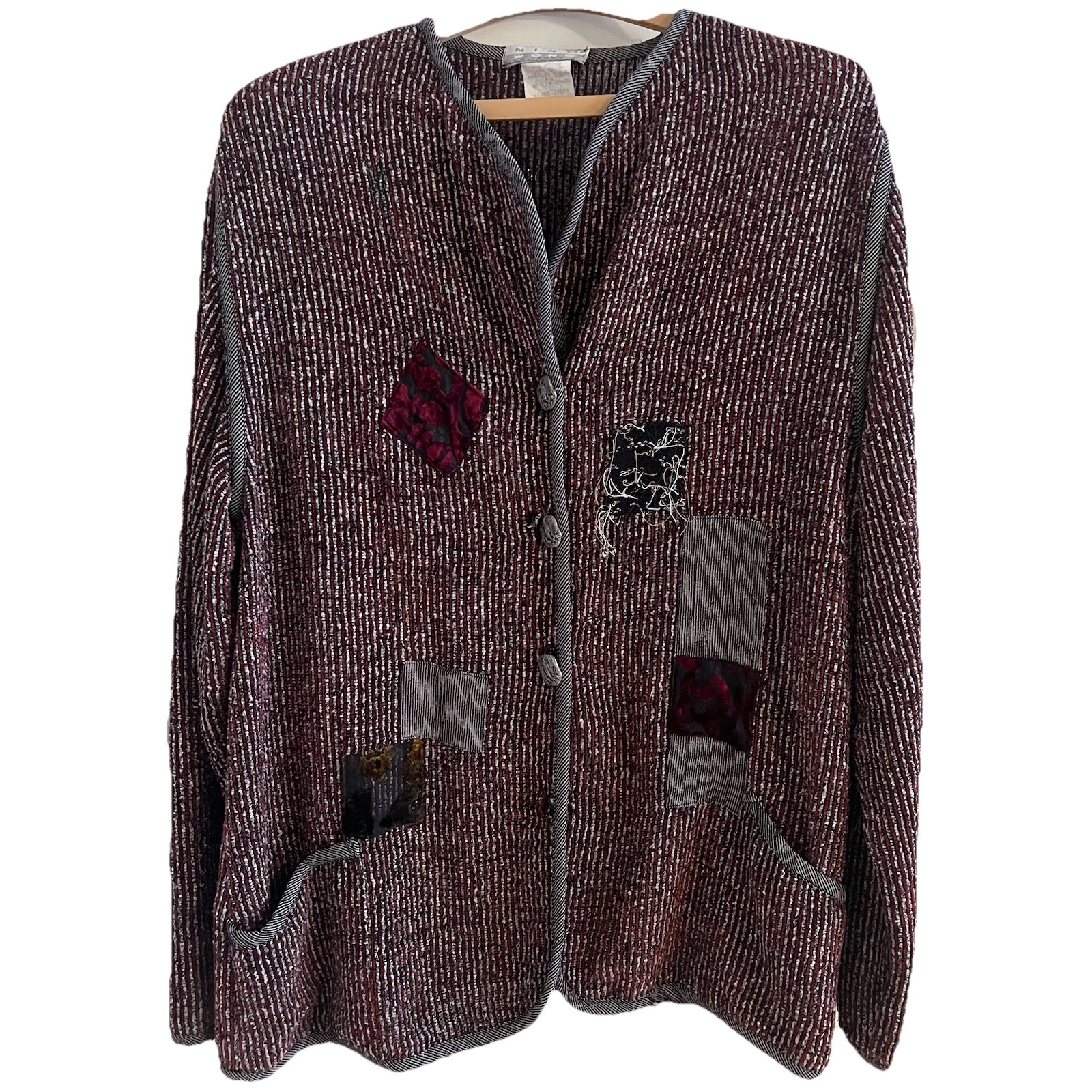 VTG Nino Wong Patchwork Cardigan Sz L Funky Velour Stripe Distressed Grunge