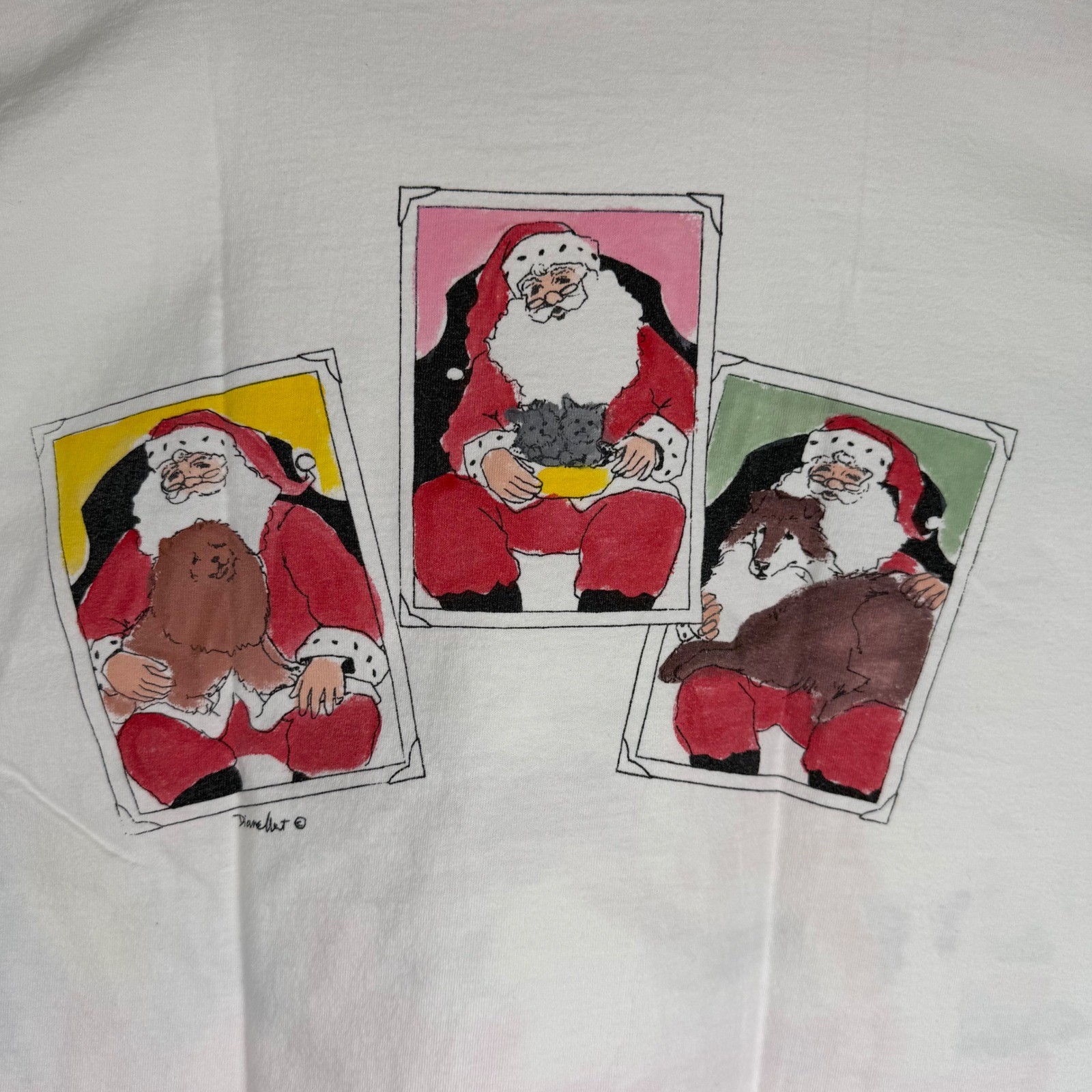 Vintage Diane Wat Hand Painted Christmas Dogs Santa T-Shirt White One Size