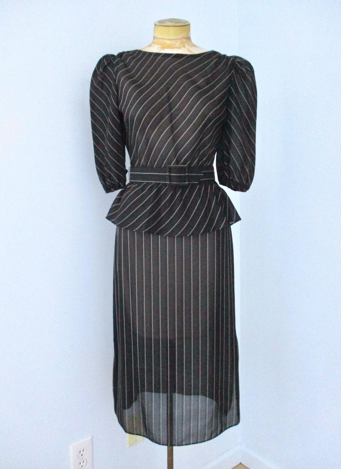 Vtg 70s 80s Black Pinstripe Semi Sheer 2-Pc Secretary Skirt Peplum Top Suit 5