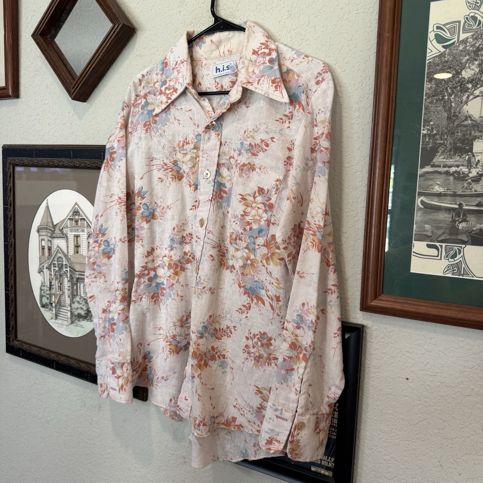 Vintage 60s/70s RARE H.i.s. Mens Floral Hippie Disco Button Shirt Size Large