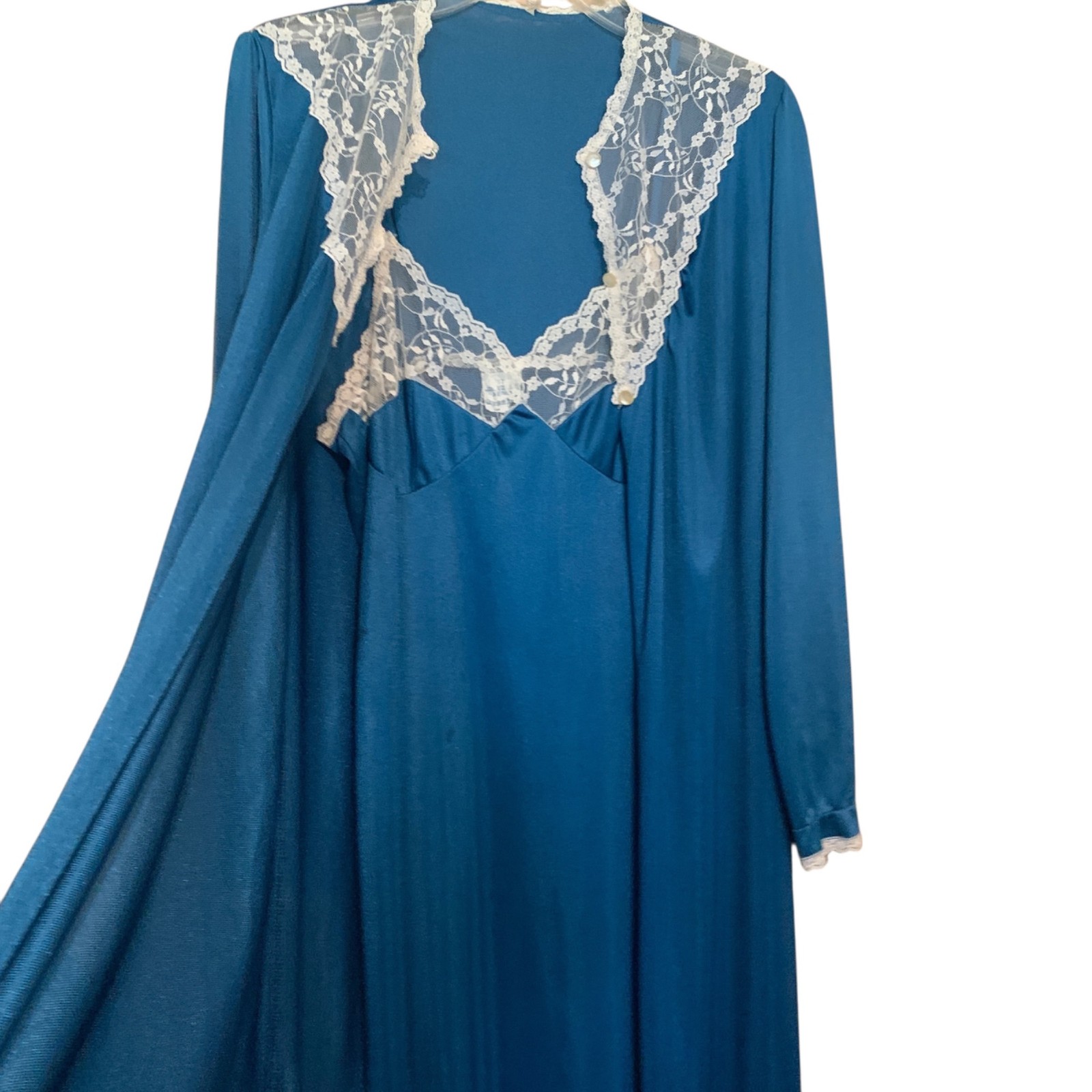 Vintage Stardust Long Teal Nightgown & Robe Set Lace Trim Modest 100% Nylon Sz M