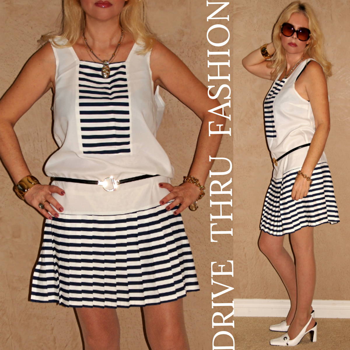 Vintage 50-60s SAILOR Nautical STRIPED White Navy PLEATED Mini PINUP Dress