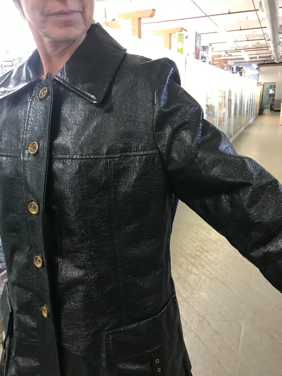 Vtg Swingles by Character MCM 70s Hippie Black Crinkle Pleather Jacket Coat Med