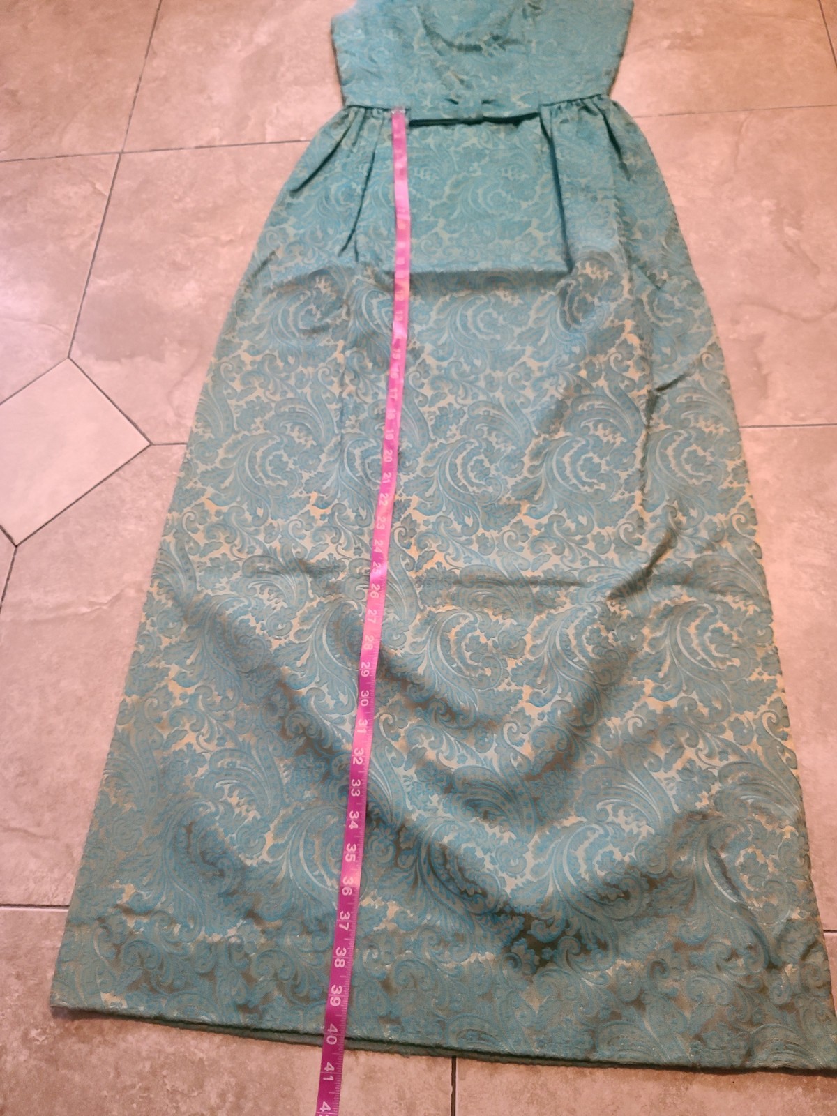 VTG 1960s Turquoise Blue & Gold Brocade Maxi Dress Women’s XS Bow Detail