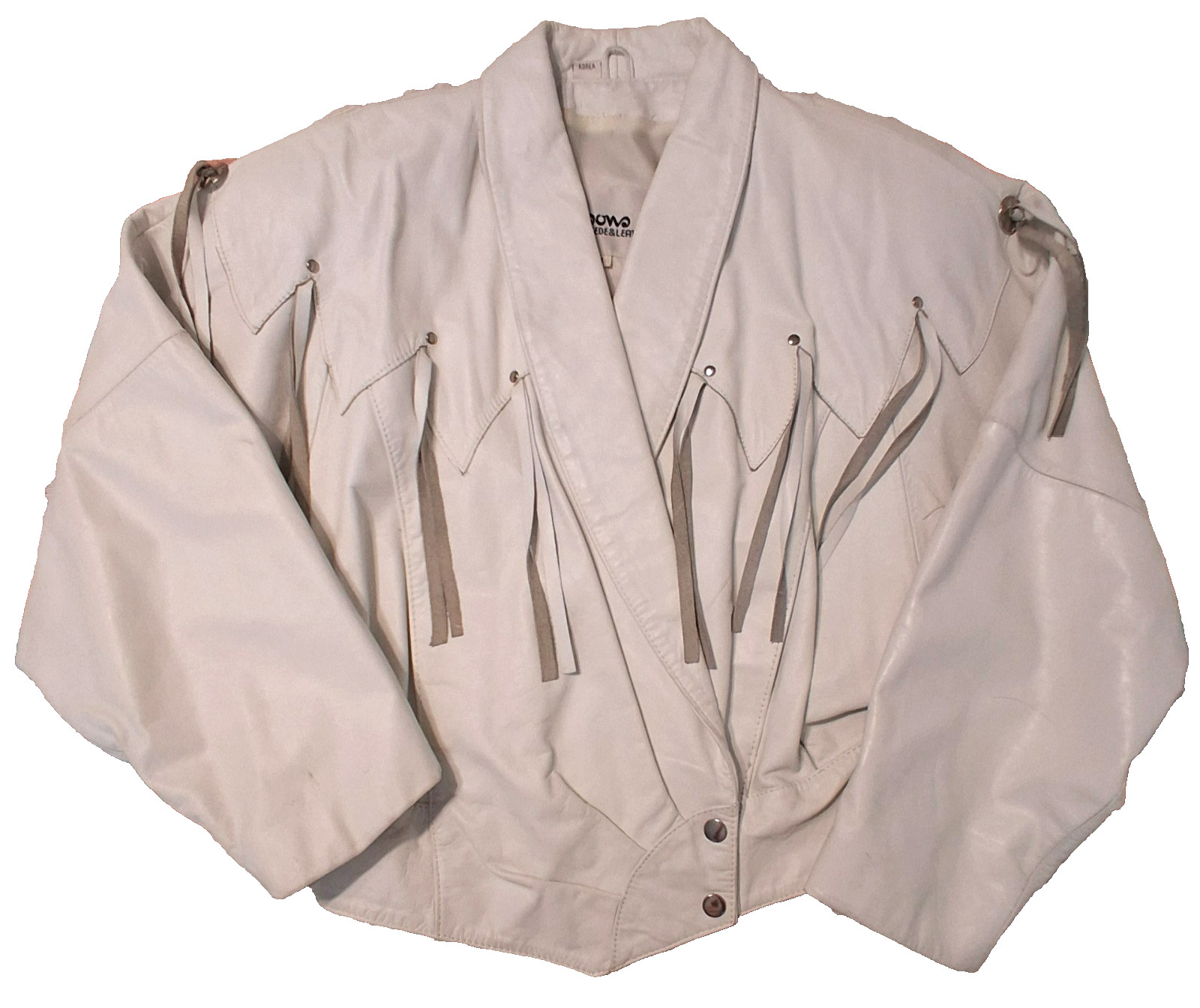 VTG Wilsons 1980s White Leather Jacket Womens S Western Cowgirl Fringe Yoke Crop