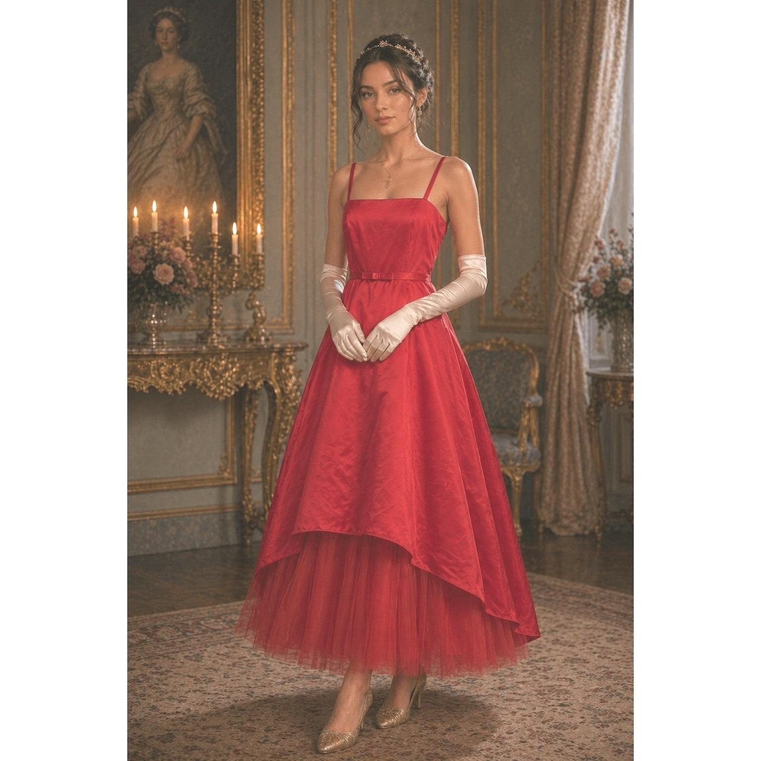 Vintage Aunt Joan Red Tulle Ballgown Prom Glamour Regencycore Old Hollywood