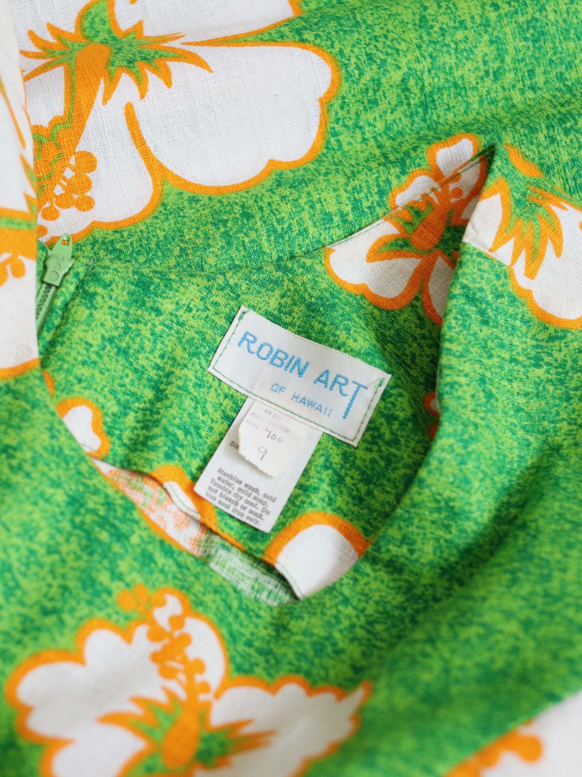 VTG Robin Art of Hawaii Green Hawaiian Barkcloth Dress 1970s Maxi Cotton dress